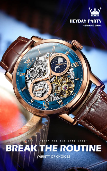 OLEVS Top Brand Men's Skeleton Mechanical Watch, Waterproof Leather Strap, Moon Phase, Automatic Tourbillon Wristwatch