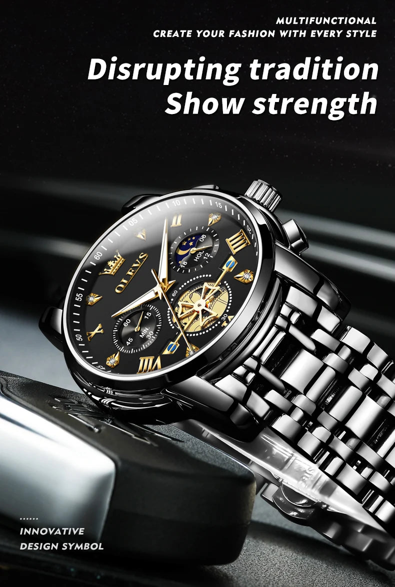 OLEVS Men's Watches Classic Multifunctional Flywheel Chronograph Original Quartz Wristwatch Moon Phase 24 Hour Waterproof Watch
