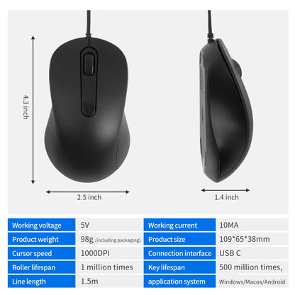 Silent 3D Mouse - Ergonomics Optical Mice 1000DPI For PC Laptop MacBook Tablet Phone, For Windows/MacOs/Android, USB-C