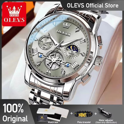 OLEVS Men's Watches Classic Multifunctional Flywheel Chronograph Original Quartz Wristwatch Moon Phase 24 Hour Waterproof Watch