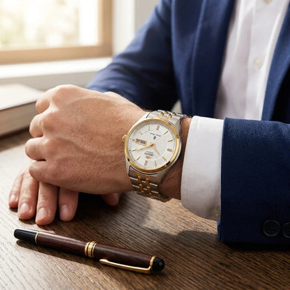 Orient mekanisk automatisk herreur med dobbelt kalender (dato og ugedag), krystalindekser og armbånd i rustfrit stål – Armbåndsur i professionel stil