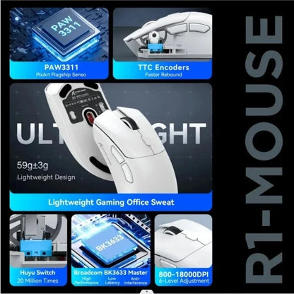 ATTACK SHARK R1 59g Ultra-light Mouse have PAW3311,18000DPI,400IPS,40G,1000Hz,Tri-Mode,Broadcom BK3633 Master,20 Million Times