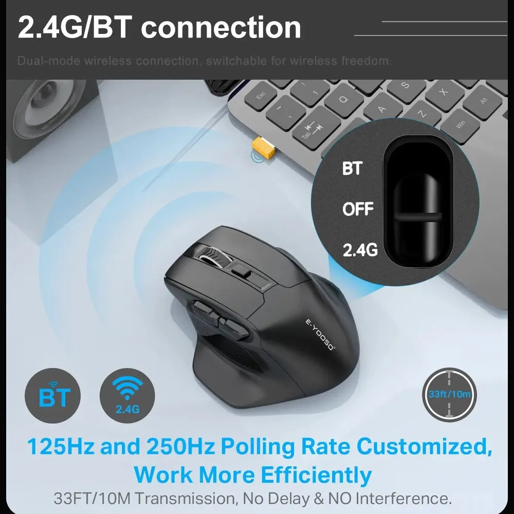 E-YOOSO X-31 Pro USB Gaming Large Mouse Support Bluetooth 2.4G Wireless PAW3212 4800 DPI for Gamer Mice Computer Laptop PC