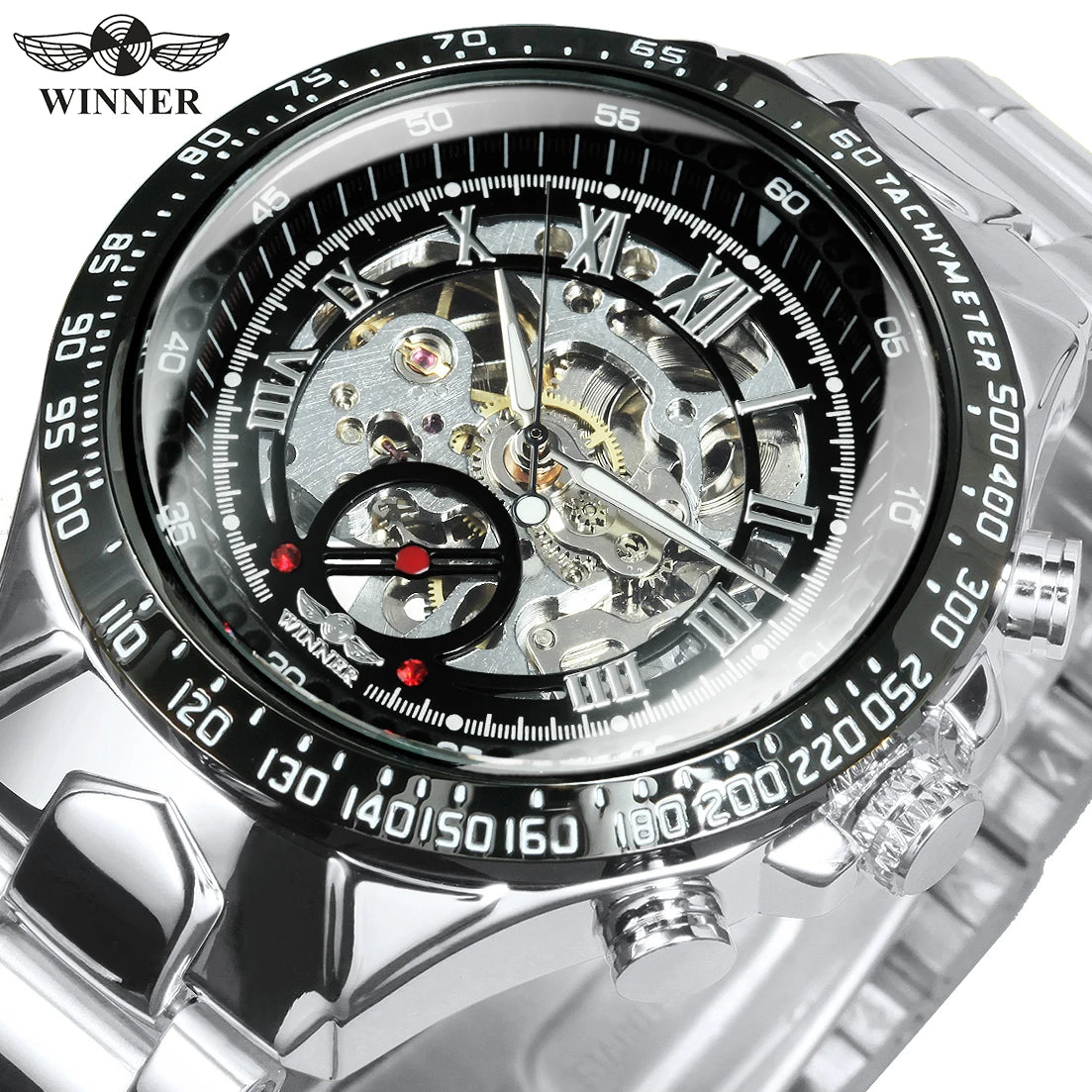 Relógio automático para homem WINNER – Modelo esqueleto transparente, ponteiros luminescentes, bracelete em aço inoxidável, relógio mecânico de marca de luxo