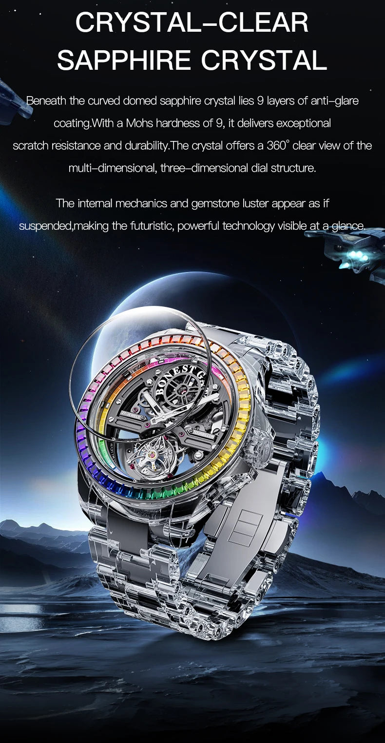 BONEST GATTI luxury Full Skeleton Automatic Mechanical Watch Sapphire Back 48 Rainbow Diamonds Luminous Luxury Wristwatch Men