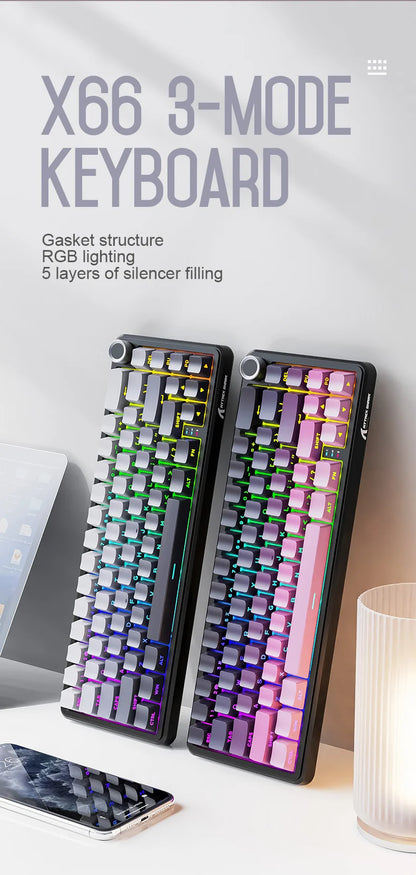 Teclado mecánico inalámbrico Attack Shark X66 con diseño compacto 65%, retroiluminación RGB, montaje gasket, hot swap, Bluetooth, USB-C, PBT y batería de gran capacidad
