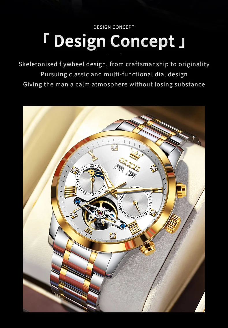 OLEVS Men's Watches Moon Phase Hollow Flywheel Exclusive Original Automatic Mechanical Watches For Men Luxury Man Watch New 7029