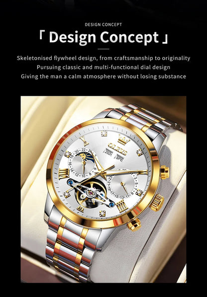 OLEVS Men's Watches Moon Phase Hollow Flywheel Exclusive Original Automatic Mechanical Watches For Men Luxury Man Watch New 7029