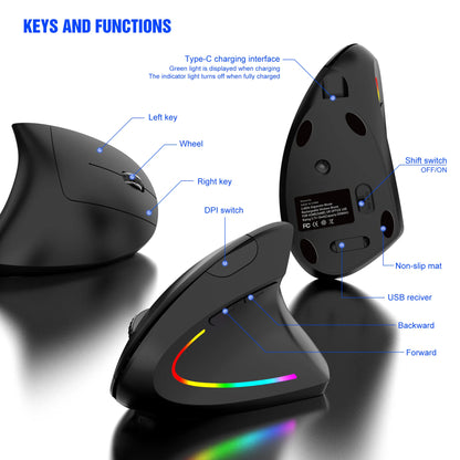 NEW Wireless Vertical Mouse 2.4GHz DPI Adjustable Optical Wrist-care Mice Backlight Gaming Mice For Laptop Tablet Mac iPad