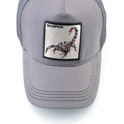 Unisex-trucker-kasket med broderet skorpion-patch, baseballkasket til mænd, snapback-hiphop-kasket til kvinder, udendørs kasket med visir i åndbart materiale