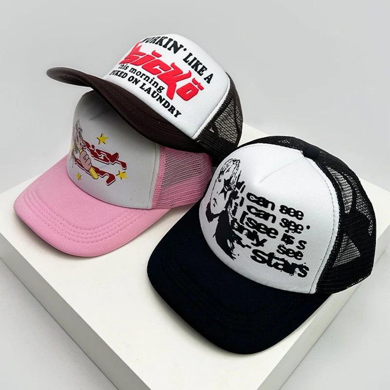 American Style Cruise Printed Anime New Letter Mesh Trucker Caps Sunshade Breathable Baseball Hats Men Women Versatile Fashion