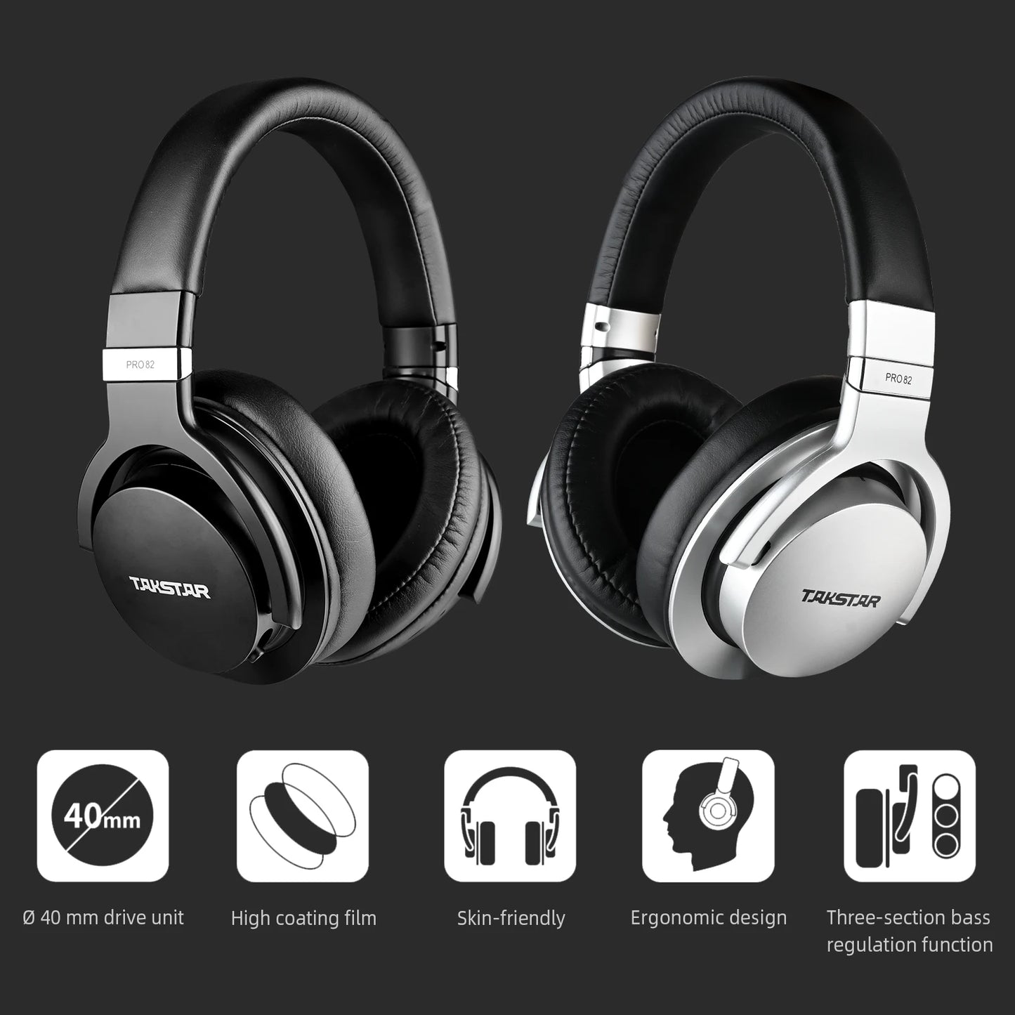 Takstar PRO82 / pro 82 Professional Monitor Headphones HIFI Headset for Stereo PC Recording and Game,Bass Adjustable