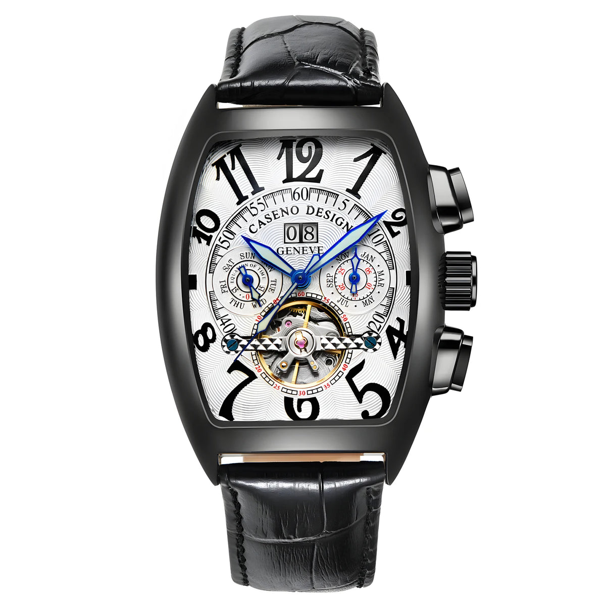 CASENO Top Luxury Brand Men's Fully Automatic Mechanical Tourbillon Watch Calendar Night Glow Tonneau Skeleton Watch -577G