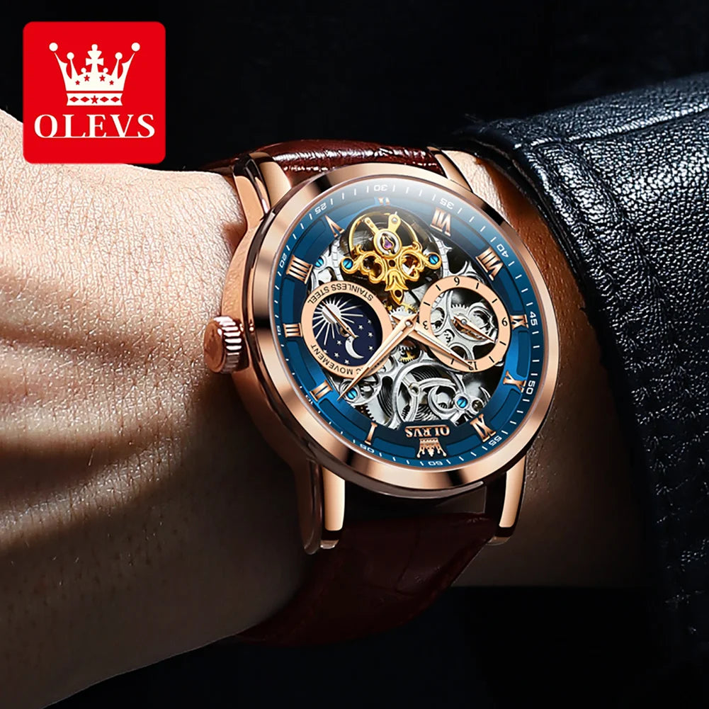 OLEVS Top Brand Men's Skeleton Mechanical Watch, Waterproof Leather Strap, Moon Phase, Automatic Tourbillon Wristwatch