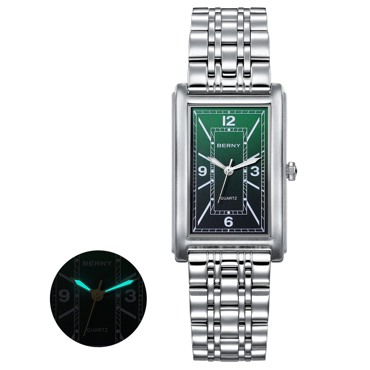 Relógio quadrado para homem BERNY – Movimento de quartzo, mostrador com algarismos romanos, indicação luminescente, caixa em aço inoxidável 316L – Relógio retangular elegante e descontraído