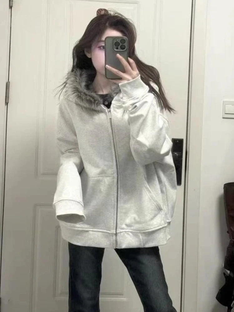 American Vintage Black Faux Fur Sweatshirts Women Letter Printed Subculture Coats with Hooded Female Gothic Harajuku Jackets Y2k, produit gaming premium Fraquane