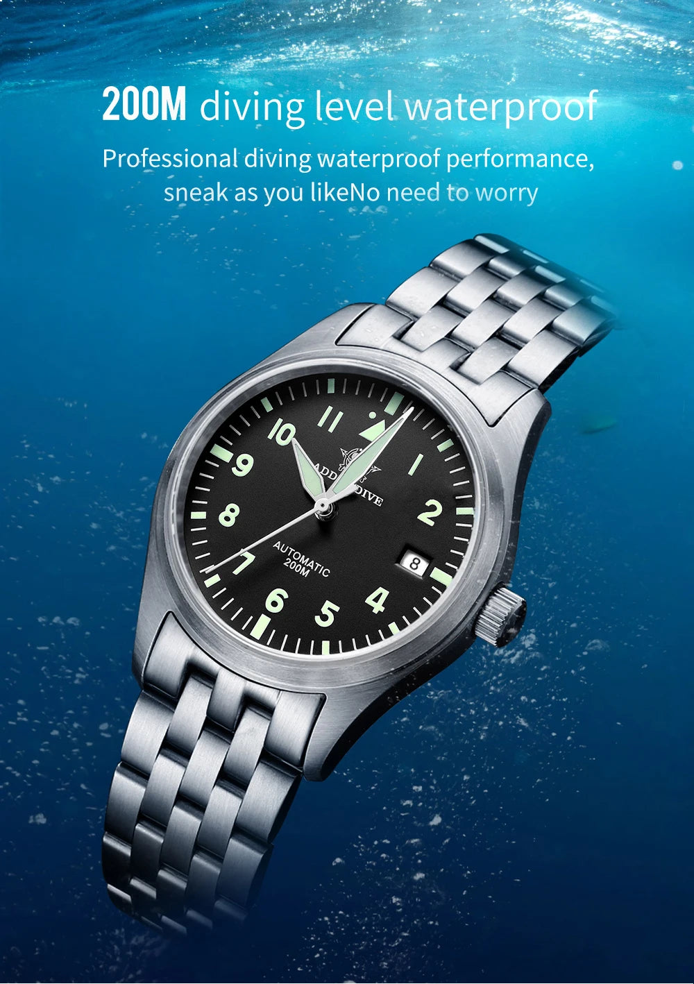 ADDIESDIVE Classic Men's Automatic Mechanical Watch 200m Water Resistant C3 Luminous 316L Stainless Steel Vintage Watch AD2519