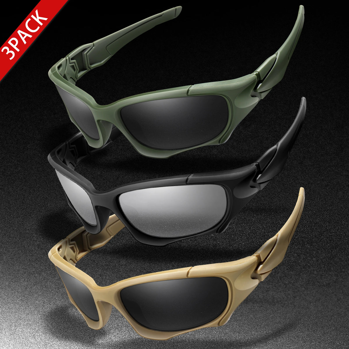 3-PACK Trendiga Outdoor Tactics-sportglasögon för män och kvinnor – cykelglasögon, bilkörning, camping, resor – färgglada skyddsglasögon