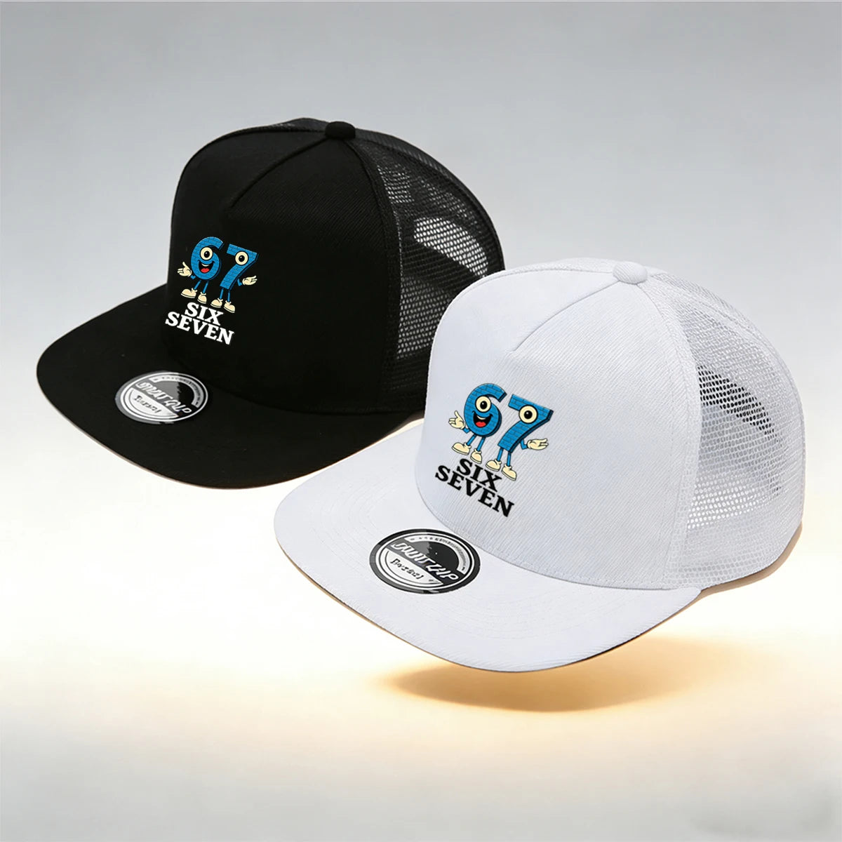1/2PC Flat Brim Mesh Trucker Hat, Breathable, Cartoon 67 SIX SEVEN Anthropomorphic Print, Retro Streetwear for Men Women