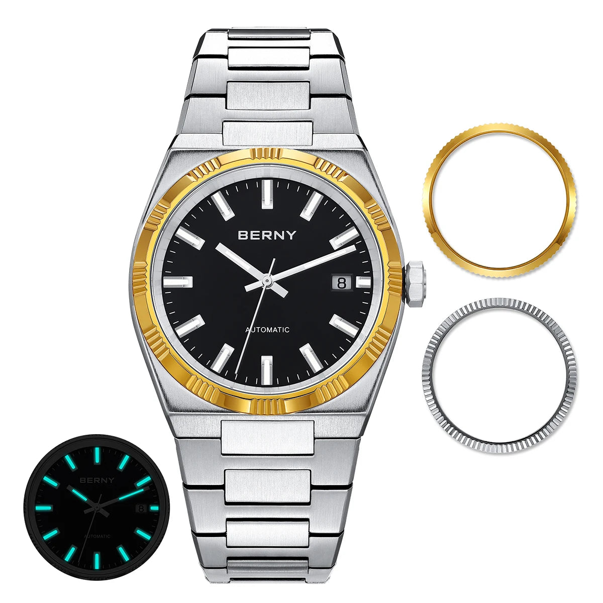Orologio automatico da uomo BERNY, dorato, vetro zaffiro, lancette luminescenti, originale al 100%, dotato di movimento PT5000, rivestimento antiriflesso, modello di lusso con lunetta intercambiabile, impermeabile fino a 5 ATM.