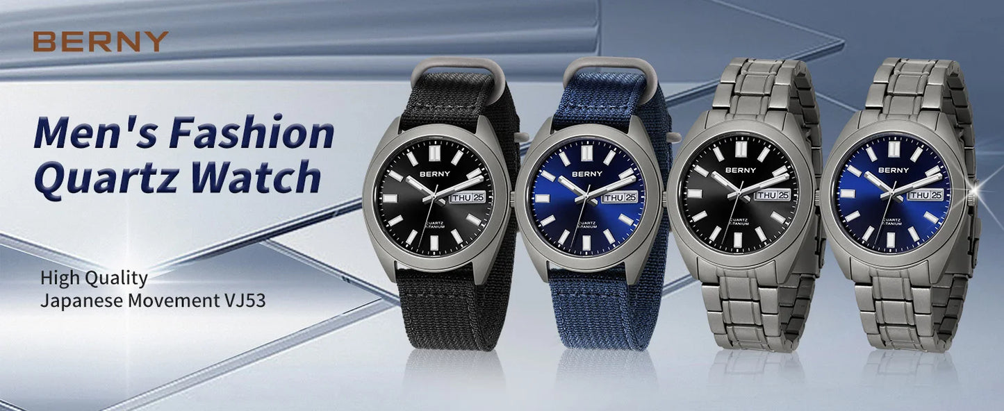 BERNY Titanium Watch for Men Supper Light Weight Wristwatch Super Luminous Sapphire 10ATM Waterproof Sport Field Quartz Watches