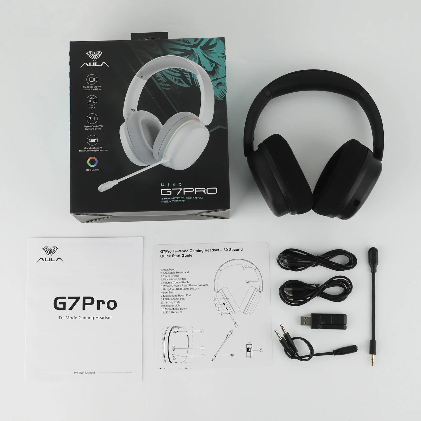 AULA G7 Pro Wired/Bluetooth/2.4GHz Wireless Gaming Headphone 7.1 Surround Sound with Noise Canceling Mic for PS4/PS5/PC/Switch