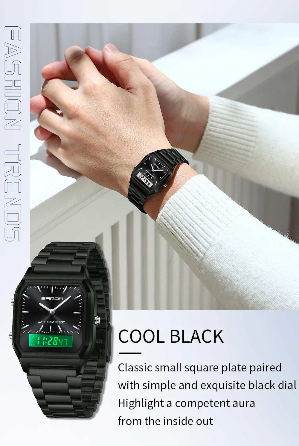 SANDA 747 Luxury Mens G Style Watches Stainless Steel Women LED Digital Dual Display Clock Unisex Waterproof Sports Quartz Watch