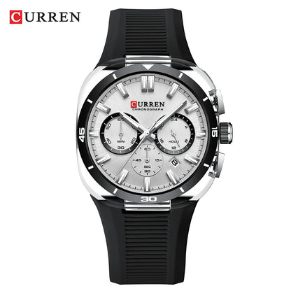 Relógio de homem CURREN – Novo modelo de luxo com movimento de quartzo, bracelete em silicone, estilo desportivo, multifunções, à prova de água, luminoso, com indicação da data e cronómetro.