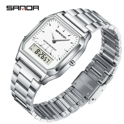 SANDA 747 Luxury Mens G Style Watches Stainless Steel Women LED Digital Dual Display Clock Unisex Waterproof Sports Quartz Watch