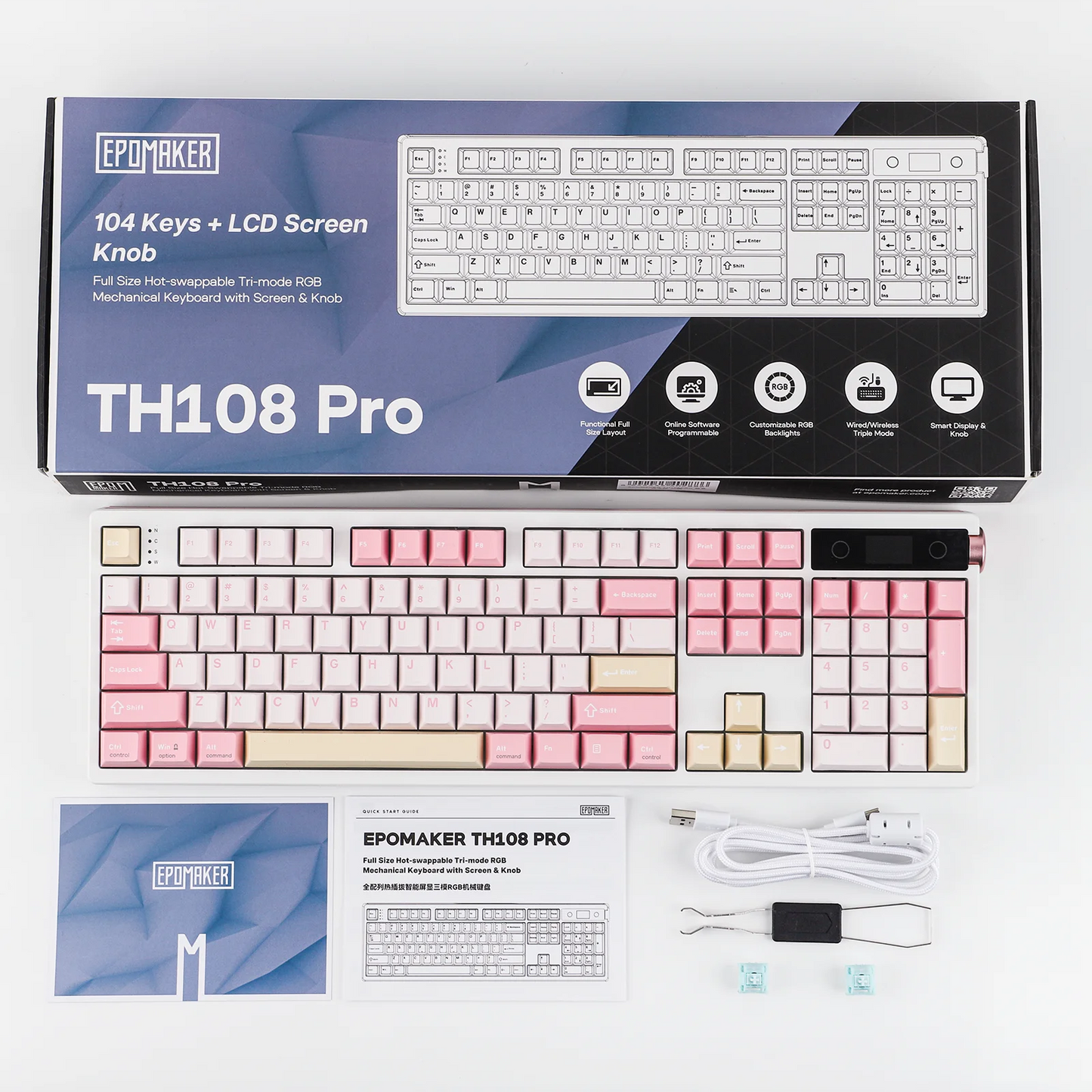 EPOMAKER TH108 PRO 100% Full-Sized Hot-Swap Wired/BT/2.4Ghz Wireless Mechanical Keyboard with Screen & Knob 10000mAh Battery