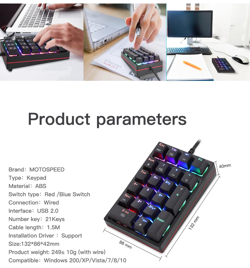 Motospeed K24 Macro Mechanical Numeric Keypad Wired 21 Keys RGB Backlight Numpad Gaming Keyboard Red Blue Switch For PC Notebook