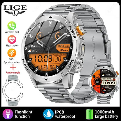 LIGE New Smart Watch Men 1000mAh Large Capacity Battery Outdoor Flashlight Bluetooth Call Waterproof Sport Fitness Smartwatch