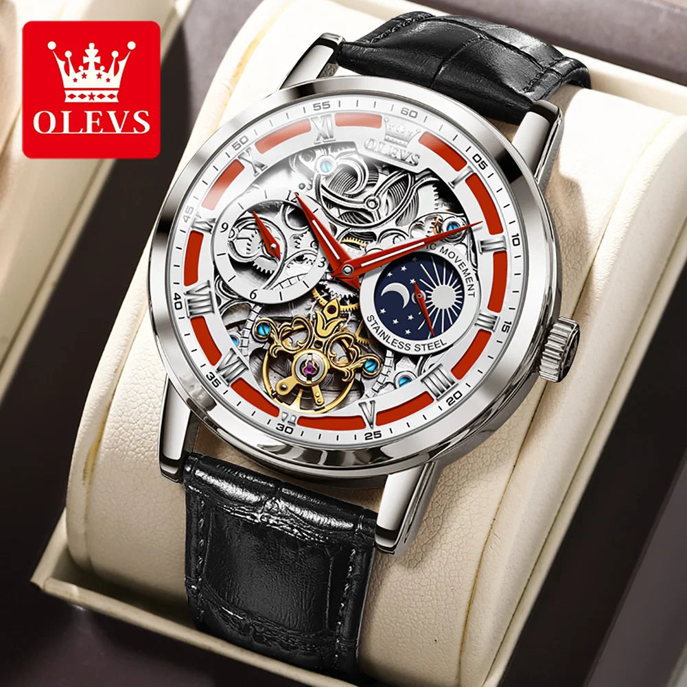 OLEVS Top Brand Men's Skeleton Mechanical Watch, Waterproof Leather Strap, Moon Phase, Automatic Tourbillon Wristwatch