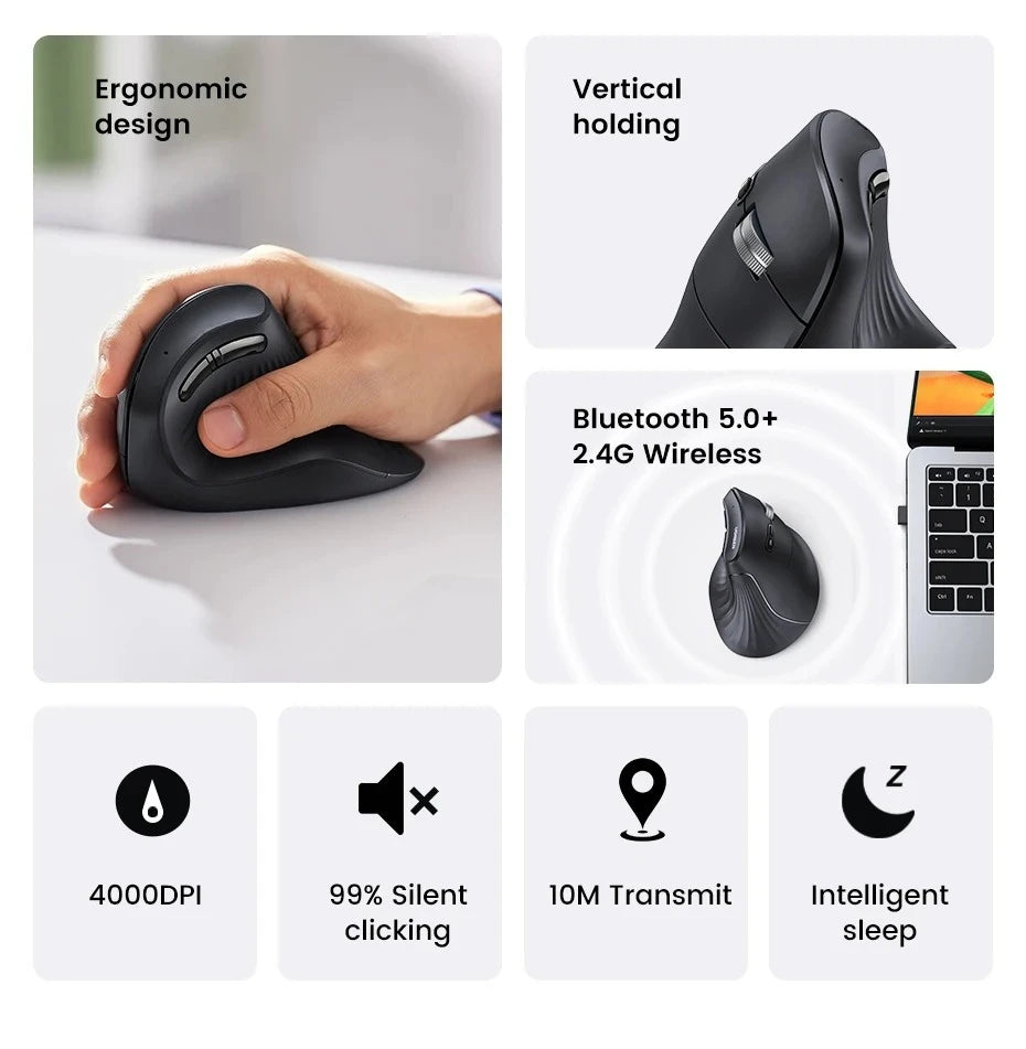 Mouse Wireless Bluetooth5.0 2.4G Ergonomic 4000DPI 6 Mute Buttons for MacBook Tablet Laptops Computer PC Mice