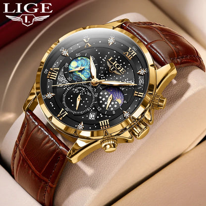 Relógio para homem LIGE – Relógio de quartzo de luxo, estilo descontraído, bracelete em pele, ideal para o trabalho ou para a prática desportiva, resistente à água, com data e cronógrafo.
