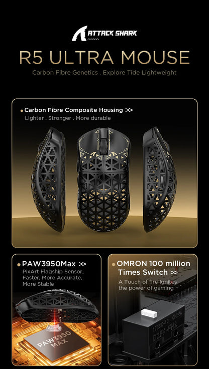 ATTACK SHARK R5 Ultra Carbon Fiber Wireless Gaming Mouse, PixArt PAW3950MAX Gaming Sensor, 42000DPI, 8000Hz, MCU Nordic 52840