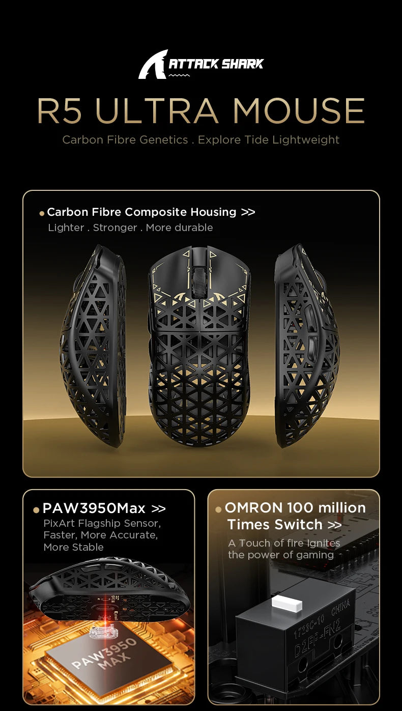 ATTACK SHARK R5 Ultra Carbon Fiber bezdrátová herní myš, herní snímač PixArt PAW3950MAX, 42000DPI, 8000Hz, MCU Nordic 52840