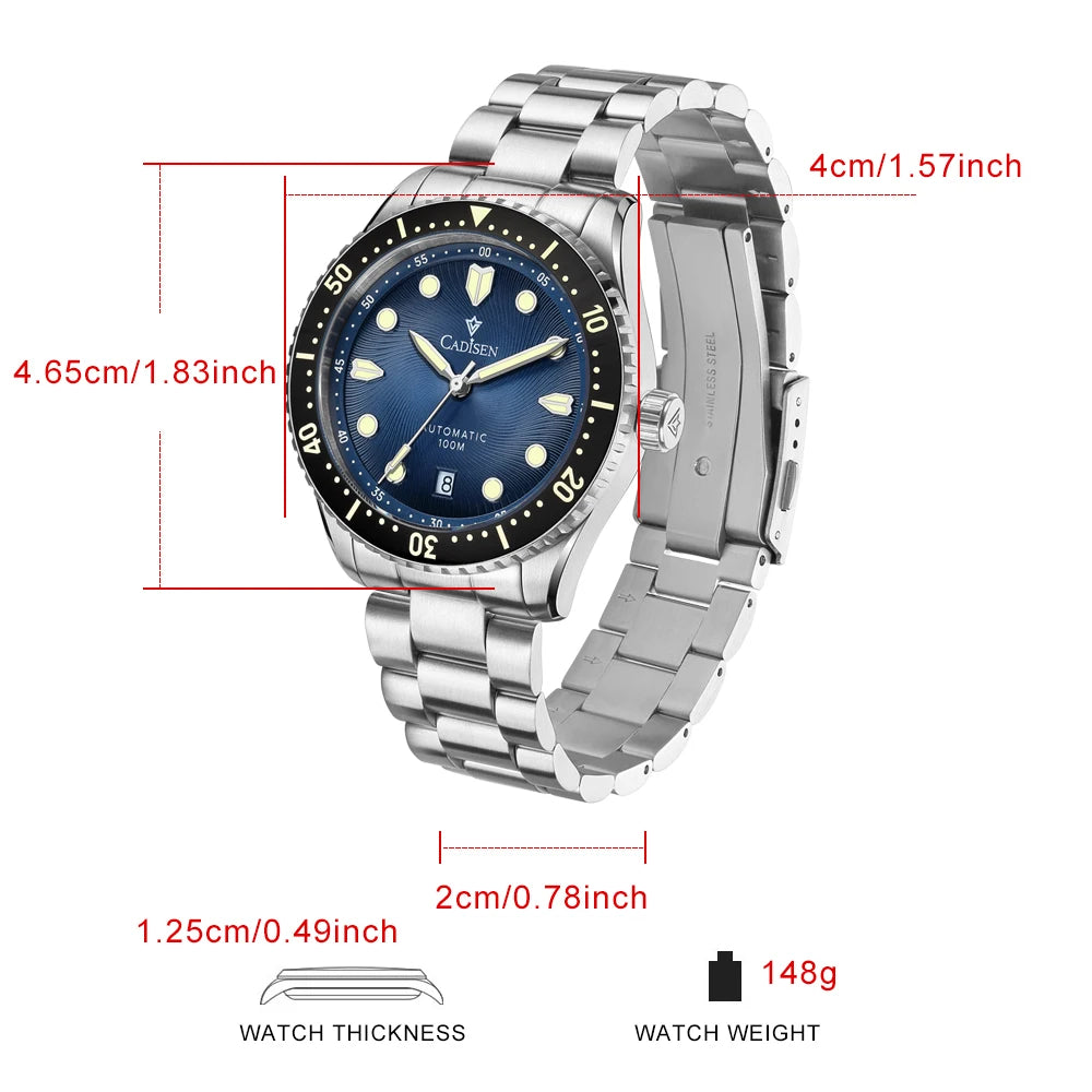 CADISEN Mechanical Automatic Watch Luxury Sapphire Japan MIYOTA 8215 Blue Wristwatch Ceramic Ring Waterproof Gift Men Watch