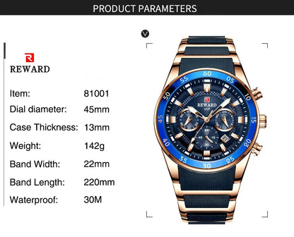 REWARD Relogios Masculino 81011M Sports Silicone Quartz Men's Watch Waterproof Calendar Chronograph Luminous Watches Men Часы