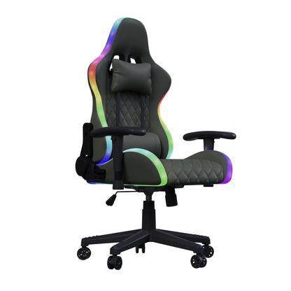 Rosahqnda LED gaming chair with ergonomically adjustable backrest, PU leather office chair, lumbar support cushion & pillow