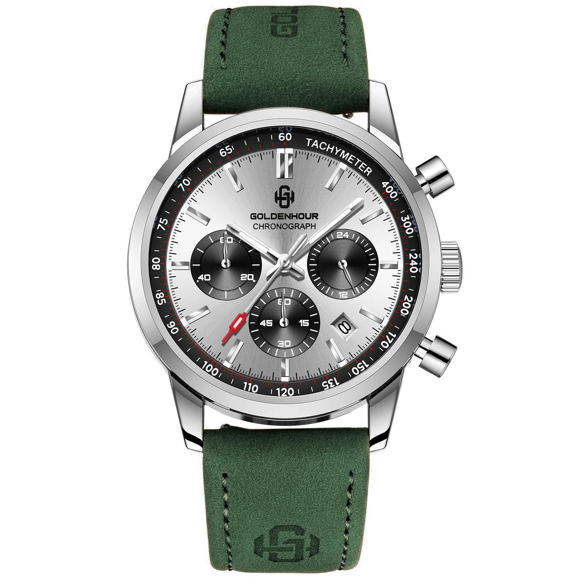 Relógio de luxo para homem GOLDENHOUR – Cronógrafo de quartzo, mostrador verde, bracelete em pele, resistente à água, luminescente, estilo militar e desportivo