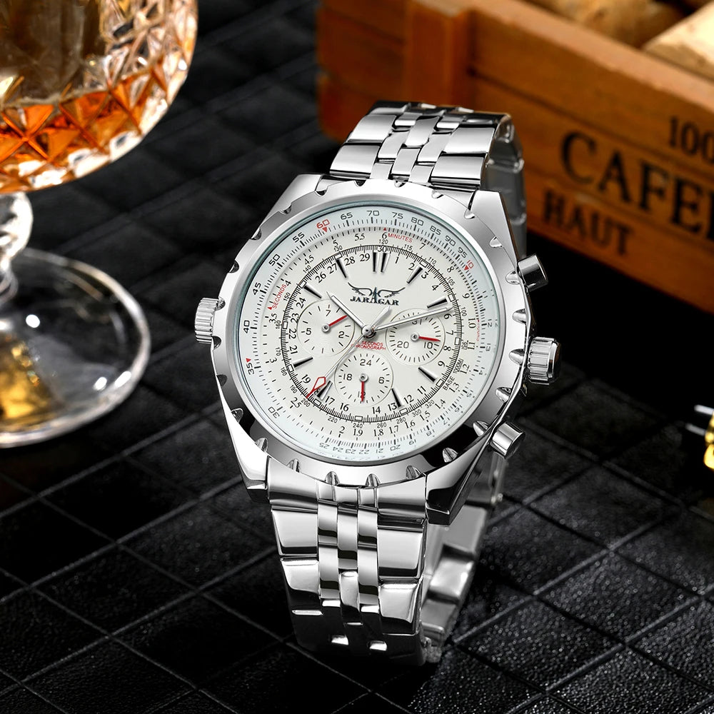 Jaragar Automatic Watch for Men Military Multifunction 3 Sub-Dials Sports Mechanical Watches Top Brand Luxury Leather Steel Band
