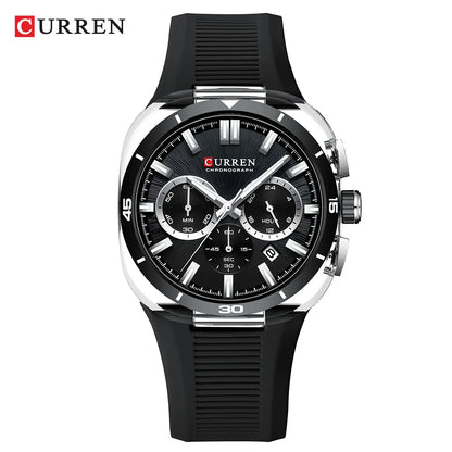 Relógio de homem CURREN – Novo modelo de luxo com movimento de quartzo, bracelete em silicone, estilo desportivo, multifunções, à prova de água, luminoso, com indicação da data e cronómetro.