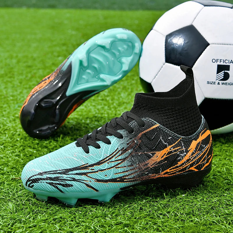 Nouvelles chaussures de football pour hommes, très vendues, chaussures de football à tige haute, crampons de futsal pour terrain en herbe, baskets d'intérieur de haute qualité, antidérapantes pour l'extérieur.