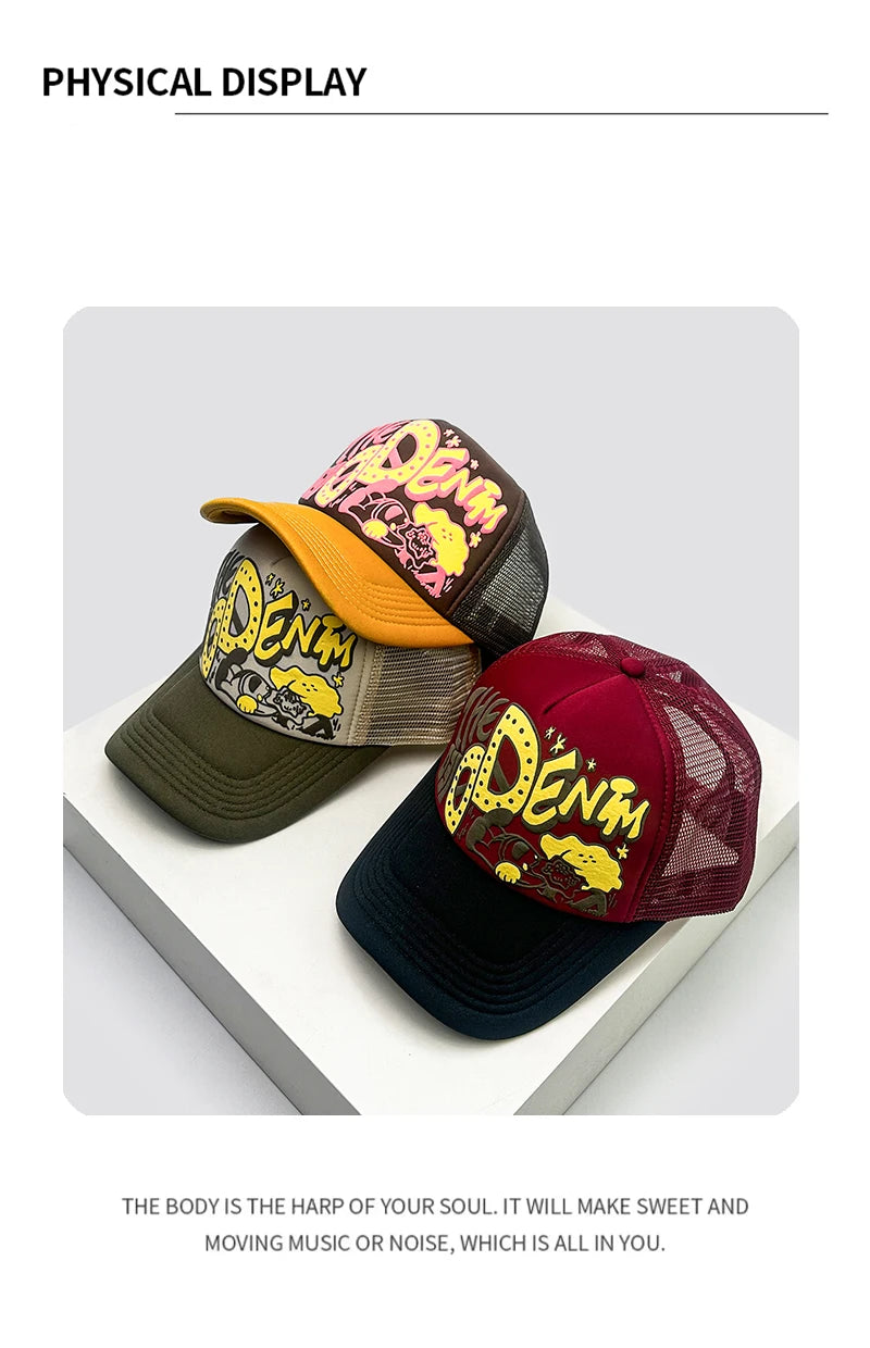 Unisex, interessant, 3D-printet bogstav, baseballkasketter, solskærm, tegneserie, åndbar, farveblok, trucker-kasketter, mesh, alsidig inderside