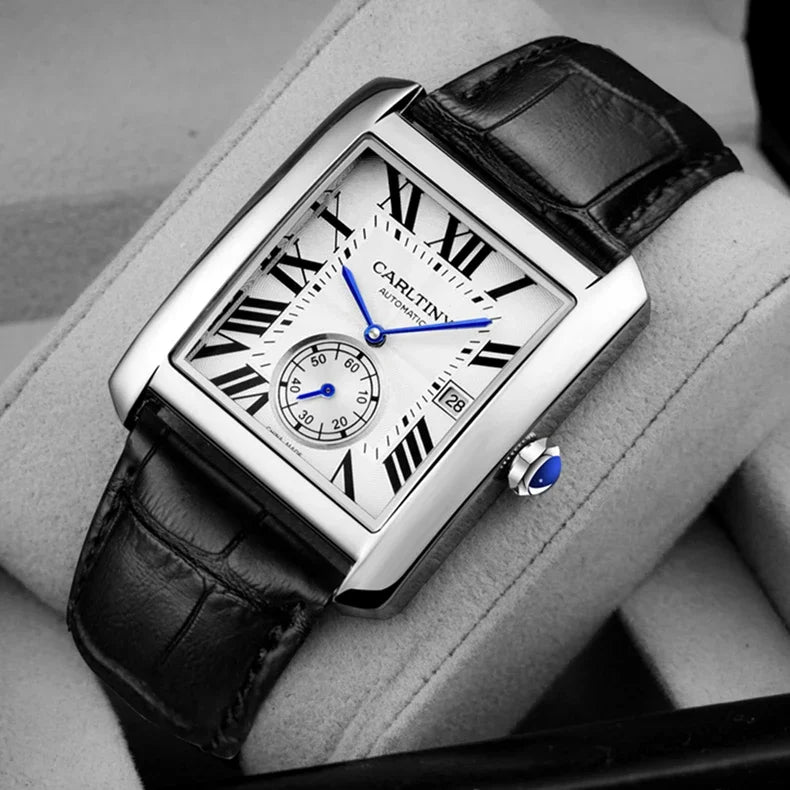 Luksusarmbåndsur til mænd – Mekanisk armbåndsur, elegant model fra et kendt mærke, firkantet urkasse i rustfrit stål, vandtæt – CARLTINY