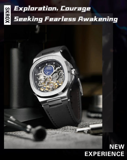 2025High-end Luxury SKROX Square Man Watch Sapphire Tourbillon Steel Skeleton Moon Phase Automatic Movement Leather Male Watches