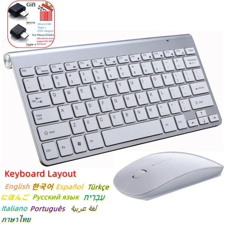Spanische, hebräische, koreanische und thailändische kabellose Tastatur-Maus-Kombination 2.4G, mini, tragbare kabellose Tastatur und Maus für Windows, Mac und Android