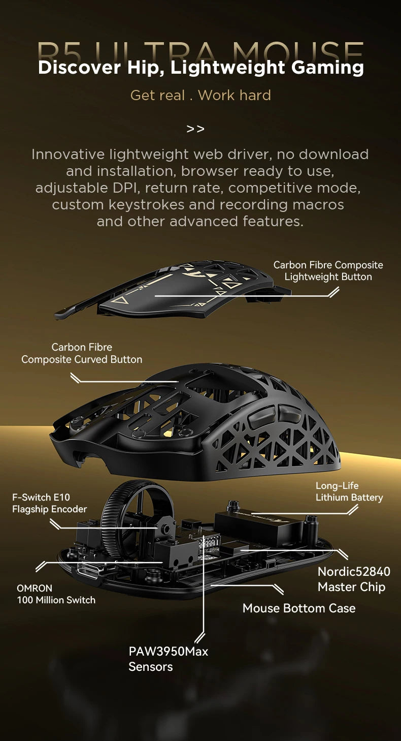ATTACK SHARK R5 Ultra Carbon Fiber bezdrátová herní myš, herní snímač PixArt PAW3950MAX, 42000DPI, 8000Hz, MCU Nordic 52840