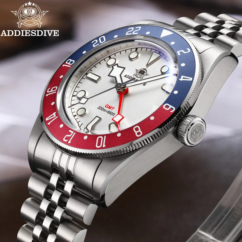 ADDIESDIVE Luxury GMT Men's Diving Watch 200m Waterproof Bubble Mirror Glass Quartz Watch BGW9 Blue Luminous Sports Watch AD2044